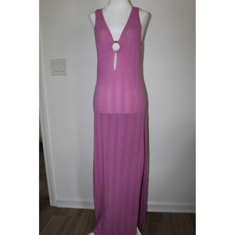 L*Space Pink Pointelle Knit Maxi Dress O-Ring V-Neck Side Slit Small Orchid Boho